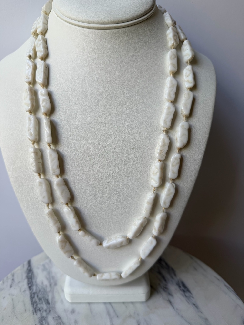 Vintage Genuine White/ Tan Howlite Nugget Stone Necklace 48” Hand Knotted Boho